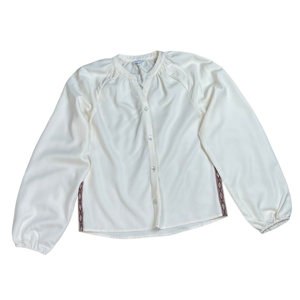 Pleat Cream Boho Embroidered Long Sleeve Button Up Shirt Kids 14